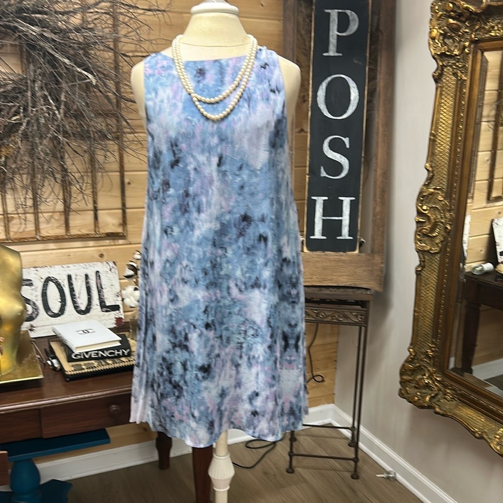 Rebecca Taylor Silk Pleated Dress Size 4 Blue and Pink Watercolor